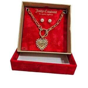 Authentic Juicy Couture Women's Necklace & Earrings Set, Gold-Color, Red Box